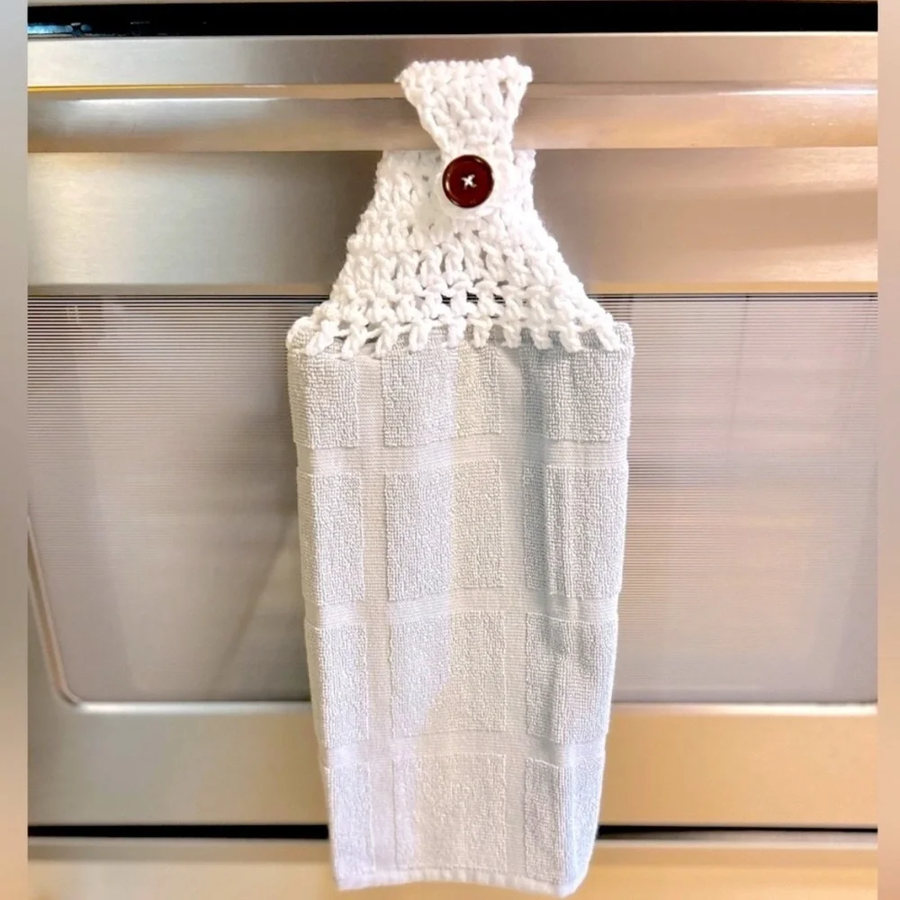 Hand Crafted Gray and White Hanging Kitchen Hand Towels Crochet Top